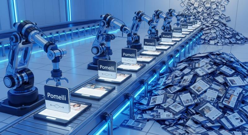 A futuristic AI content factory with robotic arms stamping Pomelli branding onto social media posts on an assembly line, with identical marketing content cards piling up at the end&mdash;symbolizing mass-produced, template-driven marketing automation.