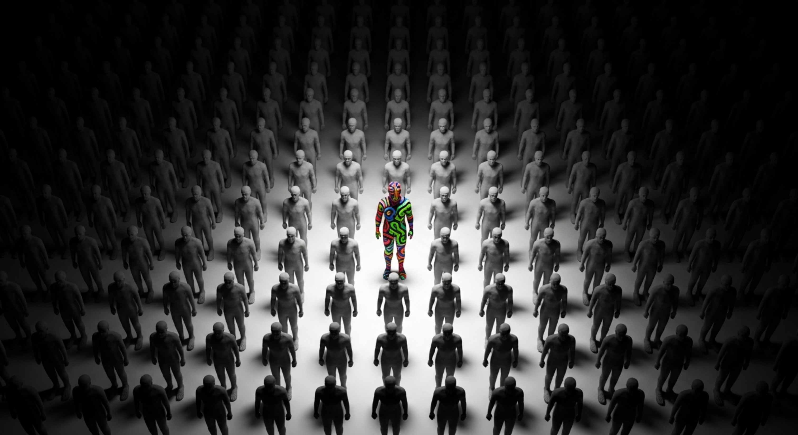 A single vibrant figure painted in bold, multi-colored patterns stands illuminated among hundreds of identical grey figures in perfect formation&mdash;representing creative differentiation and standing out in a sea of AI-generated sameness.